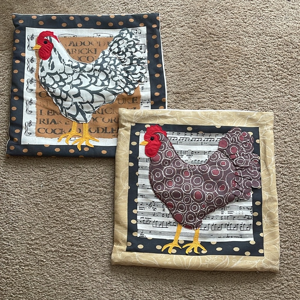 Two Nancy Overton Design dimensional Decorative Rooster Pillow Covers -18”